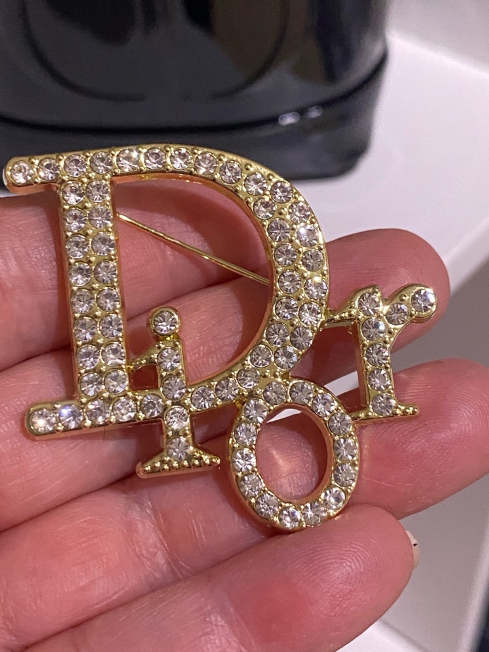 Dior Gold-tone Logo Brooch with Clear Rhinestones